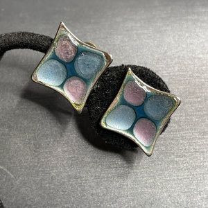 Hogan Bolas Enameled Pink Blue & Silver Screw Back Earrings Vintage